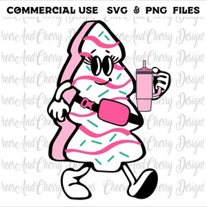May include: A cartoon Christmas tree wearing sunglasses and a pink fanny pack, holding a pink tumbler with a straw. The tree is decorated with pink and green stripes and white sprinkles.