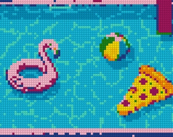 Pool Needlepoint Chart PDF – Summer Party Floatie Design | Beach Needlepoint Pattern | Counted Cross Stitch & Paint Your Own Canvas Template