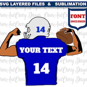 Aangepaste voetbal SVG met lettertype gelaagde voetbalspeler SVG Team mascotte naam aanpassen Gepersonaliseerde middelbare school voetbal speler shirt SVG