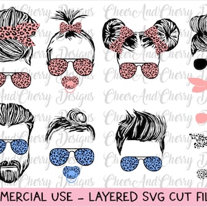 ママライフ SVG バンドル、サングラスをかけた家族の顔 SVG Cricut、メッシーバン カット ファイル、パパライフ、キッズライフ ベビーライフ SVG レイヤー チーター パターン