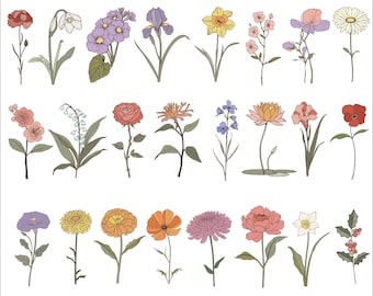 Birthday flower SVG PNG bundle Retro Birthday Svg files Vintage Birth month flowers svg Cricut Wild flowers Cut File Customize With Names