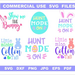 Puede incluir: Seis archivos SVG de tem&aacute;tica de Pascua coloridos con ilustraciones de conejos y texto. El texto incluye "Mu&eacute;strame el conejito", "Modo de caza activado", "Peque&ntilde;o se&ntilde;or Cola de algod&oacute;n" y "Peque&ntilde;a se&ntilde;orita Cola de algod&oacute;n".