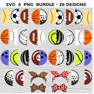 Half Ball SVG PNG bundle 26 fichiers - Ensemble de balles divisées Half Football svg Half baseball Soccer Basketball Volleyball Golf Pool Tennis bowling