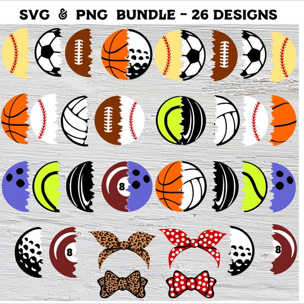 Half Ball SVG PNG bundle 26 files - Split balls set Half Football svg Half baseball Soccer Basketball Volleyball Golf Pool Tennis bowling
