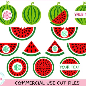 May include: A set of 10 watermelon SVG cut files for crafting projects. The files include whole watermelons, watermelon slices, and watermelon wedges with and without the text "YOUR TEXT" and the letters "ABC".
