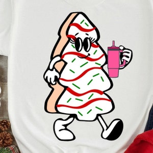 May include: A cartoon Christmas tree wearing sunglasses and holding a pink tumbler. The tree is decorated with red and white stripes and green sprinkles.