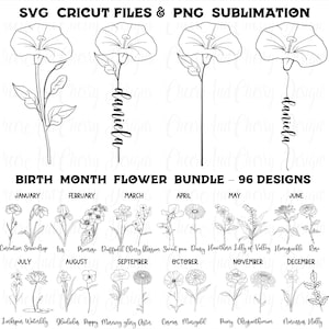 Puede incluir: Conjunto de diseños florales en blanco y negro con el texto "SVG CRICUT FILES & PNG SUBLIMATION" y "BIRTH MONTH FLOWER BUNDLE - 96 DESIGNS". Incluye ilustraciones de varias flores, cada una etiquetada con un mes y un nombre de flor, como "Enero - Clavel de las nieves".
