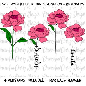 May include: Four variations of a pink peony flower with a black outline and the word "familia" written vertically in black script. The image is for digital download and includes 24 flowers.