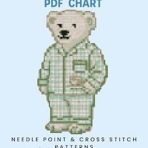 Preppy Bear Needlepoint Pattern, Pajama Bear Cross Stitch Chart (PDF Download)
