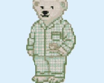 Preppy Bear Needlepoint Pattern, Pajama Bear Cross Stitch Chart (PDF Download)