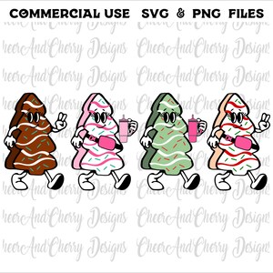 May include: Three cartoon Christmas trees with different coloured frosting and sprinkles. Each tree is holding a pink cup and has a pink belt. The trees are walking and have a happy expression on their faces.