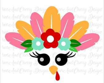 Cute turkey face SVG Thanksgiving SVG file for Cricut Silhouette Iron On, Turkey with feathers and flowers Svg, Turkey Svg Vinyl clip art