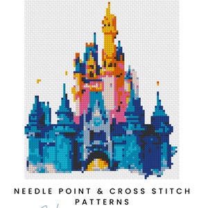 May include: A digital needlepoint PDF chart featuring a colorful castle design. The castle is rendered in shades of blue, pink, and yellow. The text "NEEDLEPOINT PDF CHART" is at the top, with "NEEDLE POINT & CROSS STITCH PATTERNS" and "Hand-drawn design" at the bottom.