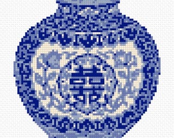 Chinoiserie-mönster i PDF-format | Diagram för blåvit ingefäraburk | Korsstygnsdesign i vas | 13 och 18 mesh | Utskrivbar mall för nålstickning
