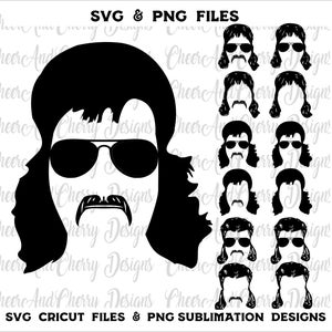 Mullet papa Svg, Classic Mullet Svg avec lunettes de soleil et moustache Country 80s coiffure Svg Western Mens cheveux png Fichiers coupés en couches pour Cricut