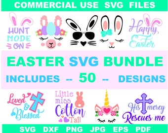 Easter SVG Bundle 50 designs Svg Dxf Png Cut Files for Silhouette Cameo Cricut, boy girl Bunny face Rabbit, Egg Hunt, Cross Christian Jesus