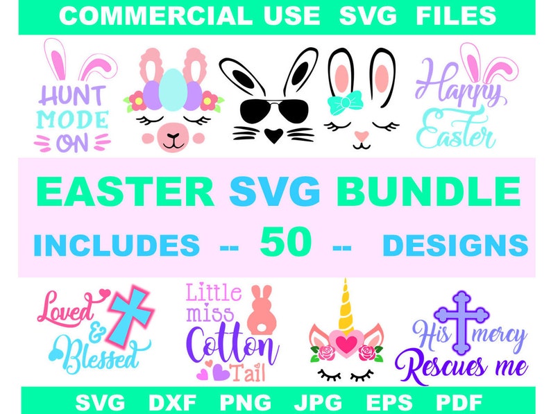 Puede incluir: Un paquete de descarga digital de 50 dise&ntilde;os SVG con tem&aacute;tica de Pascua. Los dise&ntilde;os incluyen conejos, cruces y texto como "Modo de caza activado", "Feliz Pascua", "Amado y bendecido", "Peque&ntilde;a se&ntilde;orita cola de algod&oacute;n" y "Su misericordia me rescata".