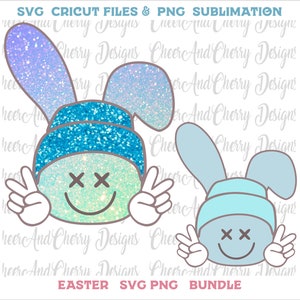 Bunny Face Svg Png Pacote retrô Easter Bunny Svg para meninos Smiling Face Png Faux Glitter Sequin Png Cute Rabbit sublimation Shirt Easter Png