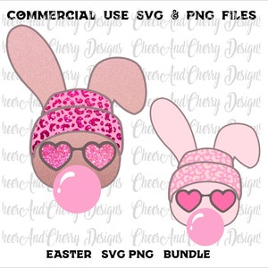 Bunny Face Svg Png Coelhinho Da Páscoa soprando bolha Svg Faux Glitter Lantejoulas Coelhinho com óculos de sol Png sublimação Camisa Preppy Rosa Páscoa Png