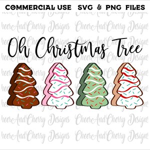 May include: Three Christmas tree cookie designs. The first is brown with white and pink icing and sprinkles. The second is pink with white and green icing and sprinkles. The third is green with white and red icing and sprinkles. The text "Oh Christmas Tree" is above the cookies.