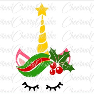 Christmas Unicorn SVG file Unicorn face svg Unicorn Christmas svg for Unicorn Holly Svg Unicorn DXF Unicorn Silhouette Svg for Cricut  HTV