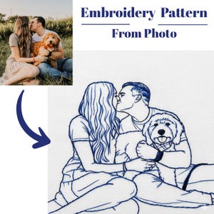 May include: An embroidery pattern from a photo, featuring a couple kissing and holding a dog. The design is rendered in blue thread on a white background. The original photo is in the upper left corner.