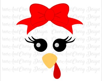 Turkey face SVG for Thanksgiving shirt, Girl Turkey with bow svg for Cricut Silhouette, cute turkey Svg, Thanksgiving turkey clip art print