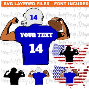 Aangepaste voetbalspeler SVG bundel voetbal SVG gratis lettertype voetbal naam SVG voetbal moeder SVG voetbal vlag SVG gekleurde lagen Cricut cameo