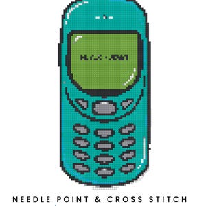 May include: A teal needlepoint chart of a pixelated cell phone with a green screen. The image includes the text "NEEDLEPOINT PDF CHART" at the top and "NEEDLE POINT & CROSS STITCH PATTERNS Hand-drawn design" at the bottom.