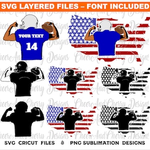 Aangepaste voetbalspeler SVG bundel voetbal SVG gratis lettertype voetbal naam SVG voetbal moeder SVG voetbal vlag SVG gekleurde lagen Cricut cameo