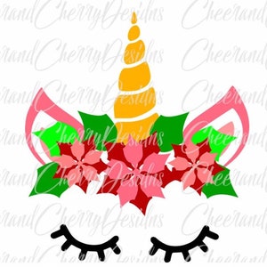Christmas Unicorn Svg Christmas SVG file for Silhouette Unicorn with flowers Svg Christmas SVG for Cricut Unicorn face Svg Vinyl Clipart Png