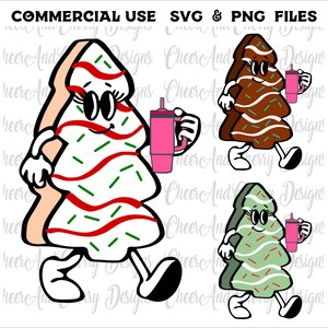 May include: Three cartoon Christmas trees with googly eyes and smiling faces. Each tree is wearing a different colour outfit: white, brown, and green. Each tree is holding a pink cup with a straw. The trees are walking and have white shoes.