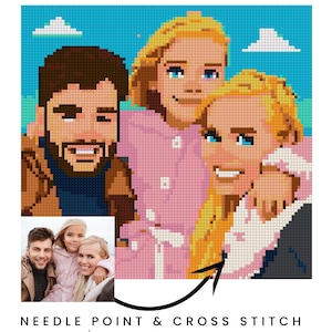 May include: A needlepoint PDF chart featuring a pixelated family portrait with a blue sky background. The text "NEEDLEPOINT PDF CHART" is at the top, with "NEEDLE POINT & CROSS STITCH PATTERNS" and "Hand-drawn design" at the bottom.