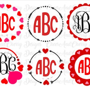 May include: Six different designs of Valentine's Day themed monogram circles. Each circle features a different design with hearts and the letters "ABC" in the center.