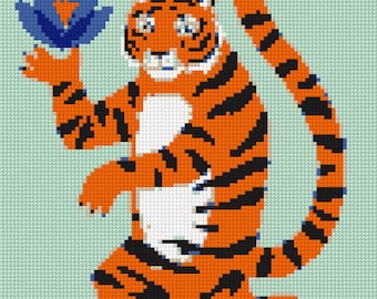 Dancing Tiger Needlepoint Pattern, Vintage Wild cat NDLPT Funny Retro Tiger Preppy Chinoiserie Cross Stitch Chart Sarcastic (PDF Download)