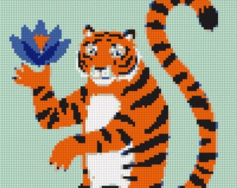 Dancing Tiger Needlepoint Pattern, Retro Chinoiserie Cross Stitch Chart (PDF Download)