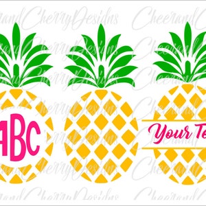 Puede incluir: Tres diseños de piña, dos con una piña amarilla y hojas verdes, uno con una piña amarilla y hojas verdes con el texto "ABC" en un círculo rosa, y el texto "Your Text" en una pancarta rosa.