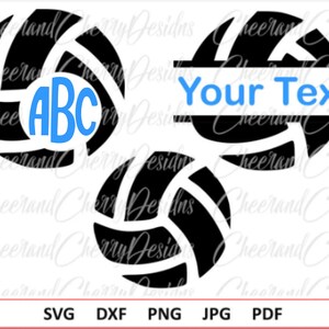 May include: Three black and white volleyball designs. One design has the letters "ABC" in a blue circle. Another design has the text "Your Text" in a blue rectangle. The third design is a simple volleyball.