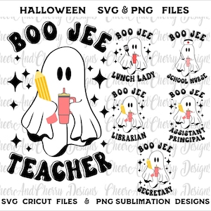 boo jee nauczyciel svg, szkolny pakiet Halloween svg Upiorna pielęgniarka svg Koszula bibliotekarki Sekretarka Straszna pani od lunchu Svg Boo Asystent dyrektora Svg