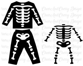 May include: Black and white skeleton costume set, including a long-sleeved top and pants. A separate skeleton graphic is also shown. The design is ideal for Halloween or costume parties.
