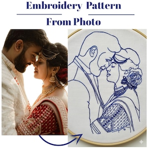 May include: An embroidery hoop with a blue thread outline of a couple in traditional wedding attire. The image is next to a photograph of the couple. The text "Embroidery Pattern From Photo" is at the top of the image.