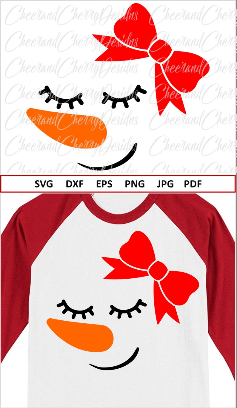 May include: A white t-shirt with a red bow and a snowman face with closed eyes, an orange nose, and a black smile. The shirt has red sleeves.