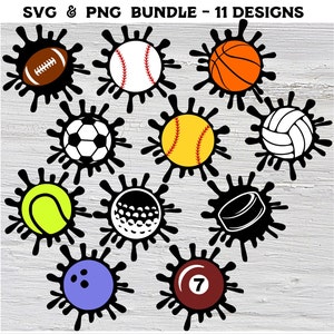 Sport ballen Svg bundel 11 afbeeldingen Splash voetbal honkbal softbal Svg Drip basketbal voetbal Splatter volleybal Golf Tennis Hokey Bowlen