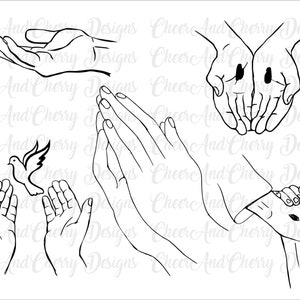 Custom Praying Hands SVG PNG bundle - 5 archivos Svg de Pascua, Jesucristo svg, Jesus Hand svg, God hands line art, Christian Cricut dibujado a mano