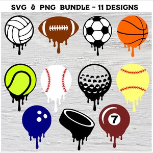 Dripping Sport Balls Svg Bundle 11 designs Football Baseball Softball Svg Drip Basketball Soccer Volleyball Golf Tennis Hokey Bowling Svg