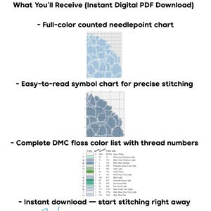 May include: A white digital PDF download titled "Needlepoint Chart." The image includes a full-color counted needlepoint chart, an easy-to-read symbol chart, and a DMC floss color list. The text "Hand-drawn design" is written in cursive.