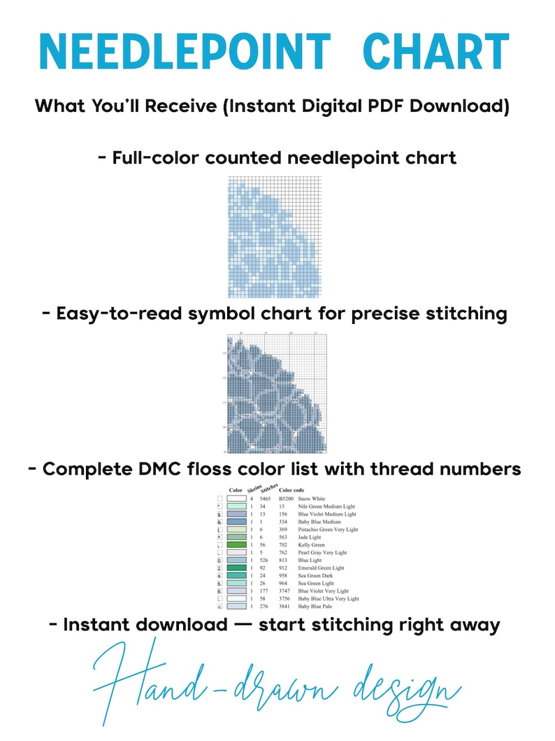 May include: A white digital PDF download titled "Needlepoint Chart." The image includes a full-color counted needlepoint chart, an easy-to-read symbol chart, and a DMC floss color list. The text "Hand-drawn design" is written in cursive.