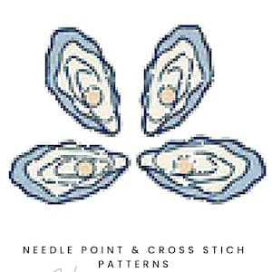 May include: A white background features a needlepoint chart design with four oyster illustrations in blue, cream, and tan. The text "NEEDLEPOINT CHART" is at the top, with "NEEDLE POINT & CROSS STICH PATTERNS" and "Hand-drawn design" below.