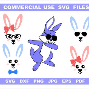 Puede incluir: Un conjunto de seis archivos de corte digital que presentan un conejo azul haciendo el dab, un conejo rosa con un lazo, un conejo azul con gafas de sol, un conejo rosa con un lazo, un conejo azul con gafas y un conejo azul con una pajarita. Los archivos est&aacute;n disponibles en los formatos SVG, DXF, PNG, JPG, EPS y PDF. ARCHIVOS SVG DE USO COMERCIAL.