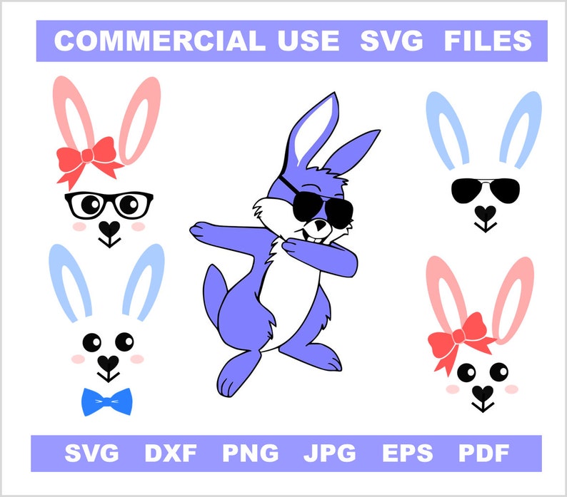Puede incluir: Un conjunto de seis archivos de corte digital que presentan un conejo azul haciendo el dab, un conejo rosa con un lazo, un conejo azul con gafas de sol, un conejo rosa con un lazo, un conejo azul con gafas y un conejo azul con una pajarita. Los archivos est&aacute;n disponibles en los formatos SVG, DXF, PNG, JPG, EPS y PDF. ARCHIVOS SVG DE USO COMERCIAL.